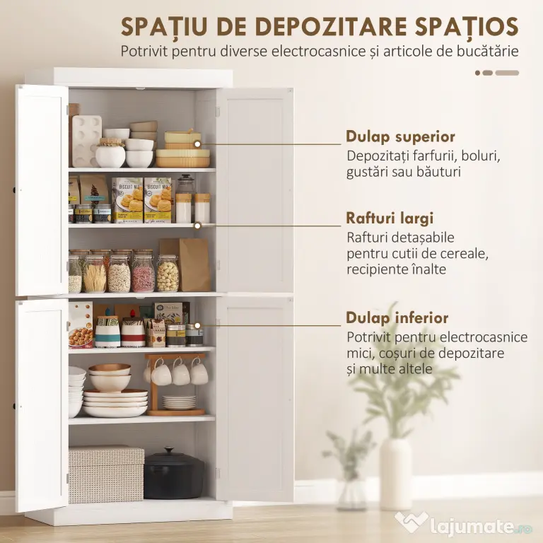 HOMCOM Dulap Înalt de Bucătărie cu 6 Rafturi și 2 Uși, Dulap cu Rafturi Reglabile din Lemn, 76x40,5x184 cm, Alb | Aosom Romania