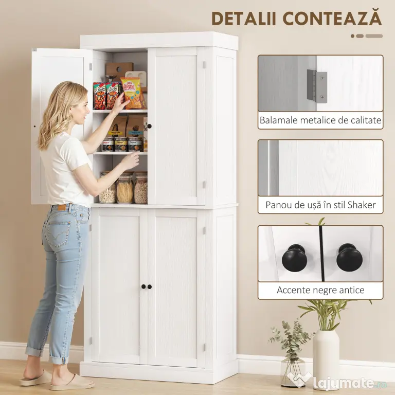 HOMCOM Dulap Înalt de Bucătărie cu 6 Rafturi și 2 Uși, Dulap cu Rafturi Reglabile din Lemn, 76x40,5x184 cm, Alb | Aosom Romania