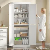 HOMCOM Dulap Înalt de Bucătărie cu 6 Rafturi și 2 Uși, Dulap cu Rafturi Reglabile din Lemn, 76x40,5x184 cm, Alb | Aosom Romania 