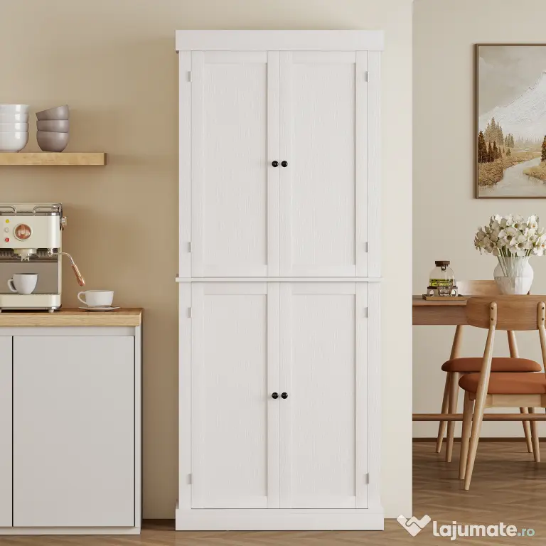 HOMCOM Dulap Înalt de Bucătărie cu 6 Rafturi și 2 Uși, Dulap cu Rafturi Reglabile din Lemn, 76x40,5x184 cm, Alb | Aosom Romania