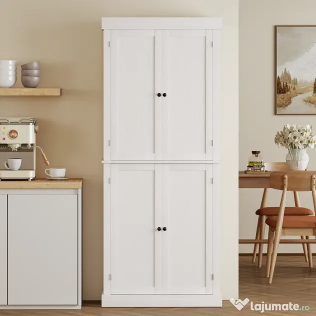 HOMCOM Dulap Înalt de Bucătărie cu 6 Rafturi și 2 Uși, Dulap cu Rafturi Reglabile din Lemn, 76x40,5x184 cm, Alb | Aosom Romania