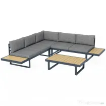 Outsunny Set de Grădină 4 Piese din Aluminiu cu 2 Canapele, Fotoliu Colțar și Măsuță de Cafea, Gri și Teak
