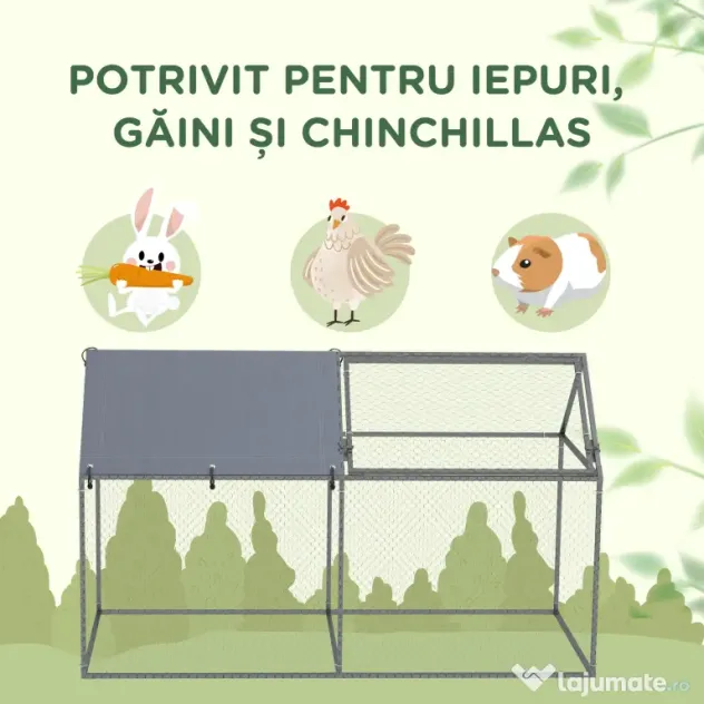 PawHut Cusca pentru Animale Mici, Tarc Exterior cu Acoperiș, Tarusi de Pământ, 2x1m, Verde | Aosom Romania