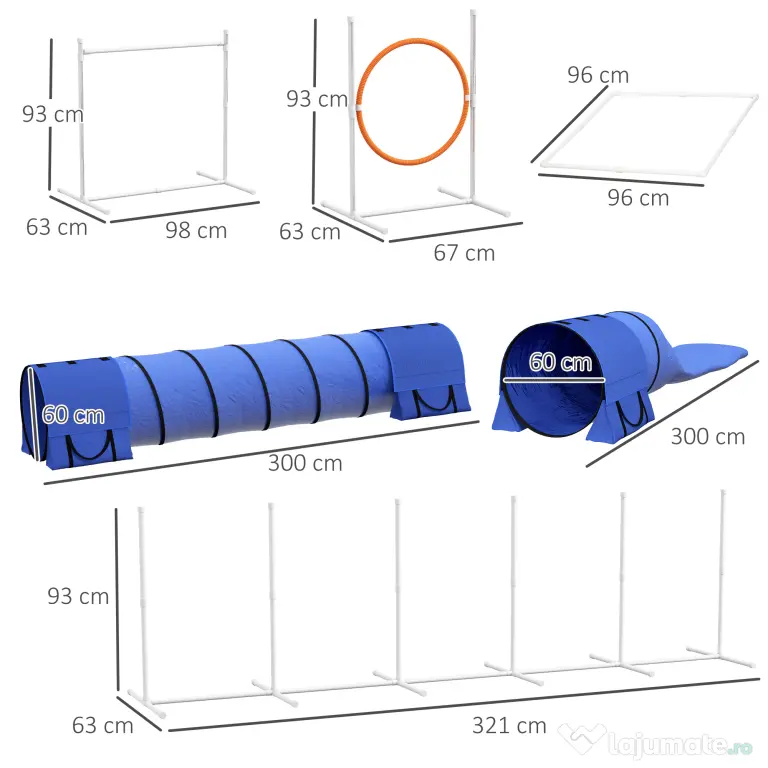 PawHut Echipament de Agilitate pentru Caini cu 7 Piese, Inel de Sărituri, Obstacol, Tuneluri, 67x63x93 cm, Albastru | Aosom Romania