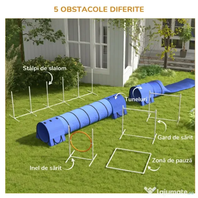 PawHut Echipament de Agilitate pentru Caini cu 7 Piese, Inel de Sărituri, Obstacol, Tuneluri, 67x63x93 cm, Albastru | Aosom Romania