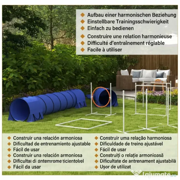 PawHut Echipament de Agilitate pentru Caini cu 7 Piese, Inel de Sărituri, Obstacol, Tuneluri, 67x63x93 cm, Albastru | Aosom Romania