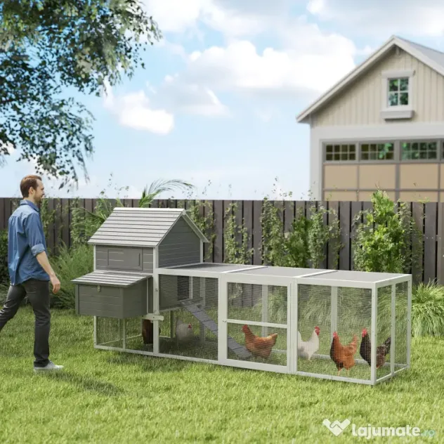 Pawhut Cotet pentru Gaini Ouatoare pentru Exterior, Adapost pentru Gaini cu Rampa si Zona Deschisa Imprejmuita, 310.5x149.5x149cm, Gri