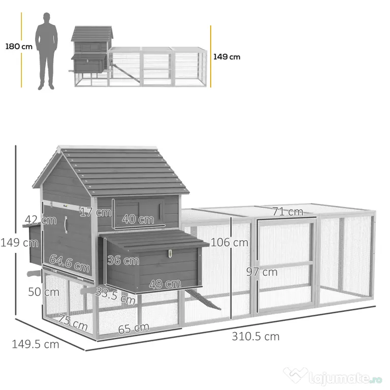 Pawhut Cotet pentru Gaini Ouatoare pentru Exterior, Adapost pentru Gaini cu Rampa si Zona Deschisa Imprejmuita, 310.5x149.5x149cm, Gri