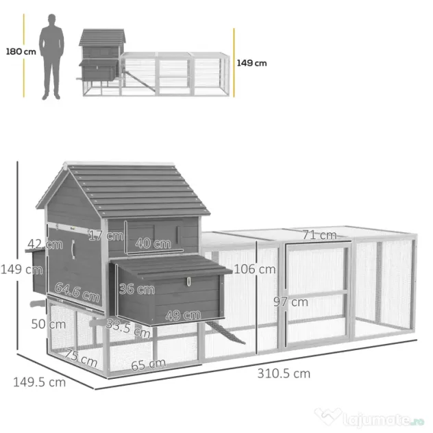 Pawhut Cotet pentru Gaini Ouatoare pentru Exterior, Adapost pentru Gaini cu Rampa si Zona Deschisa Imprejmuita, 310.5x149.5x149cm, Gri