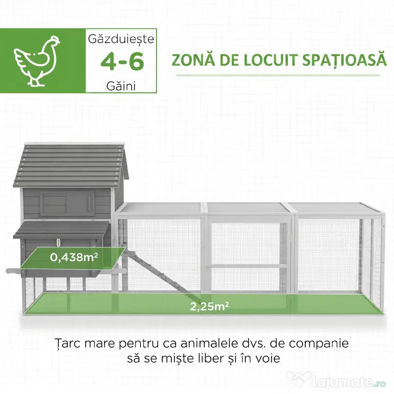 Pawhut Cotet pentru Gaini Ouatoare pentru Exterior, Adapost pentru Gaini cu Rampa si Zona Deschisa Imprejmuita, 310.5x149.5x149cm, Gri