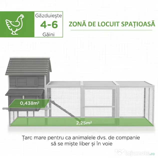 Pawhut Cotet pentru Gaini Ouatoare pentru Exterior, Adapost pentru Gaini cu Rampa si Zona Deschisa Imprejmuita, 310.5x149.5x149cm, Gri