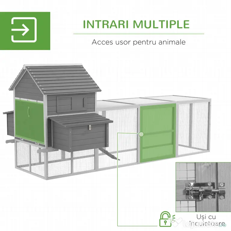 Pawhut Cotet pentru Gaini Ouatoare pentru Exterior, Adapost pentru Gaini cu Rampa si Zona Deschisa Imprejmuita, 310.5x149.5x149cm, Gri