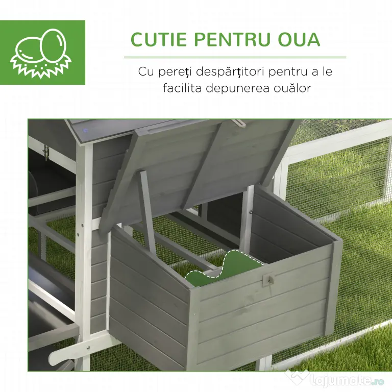 Pawhut Cotet pentru Gaini Ouatoare pentru Exterior, Adapost pentru Gaini cu Rampa si Zona Deschisa Imprejmuita, 310.5x149.5x149cm, Gri