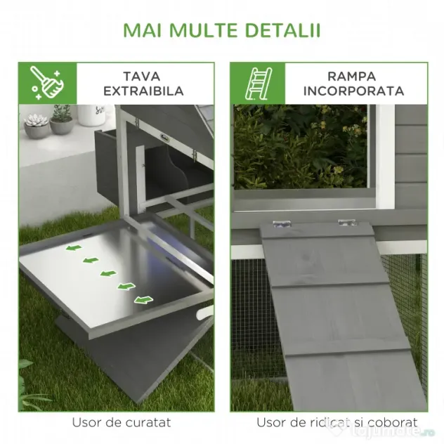 Pawhut Cotet pentru Gaini Ouatoare pentru Exterior, Adapost pentru Gaini cu Rampa si Zona Deschisa Imprejmuita, 310.5x149.5x149cm, Gri