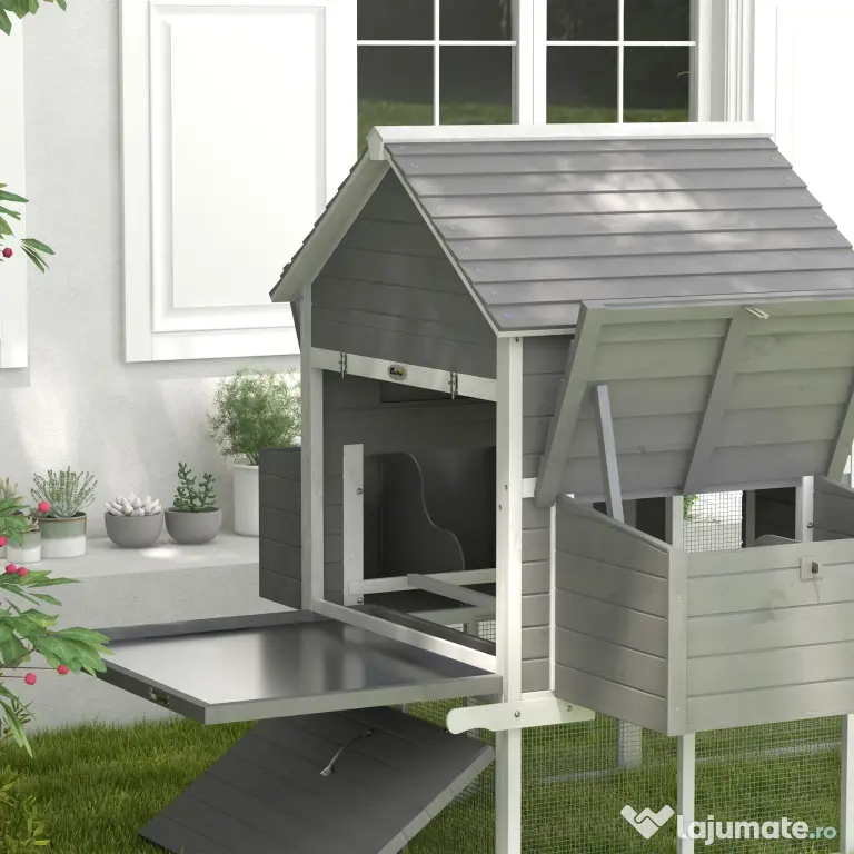 Pawhut Cotet pentru Gaini Ouatoare pentru Exterior, Adapost pentru Gaini cu Rampa si Zona Deschisa Imprejmuita, 310.5x149.5x149cm, Gri
