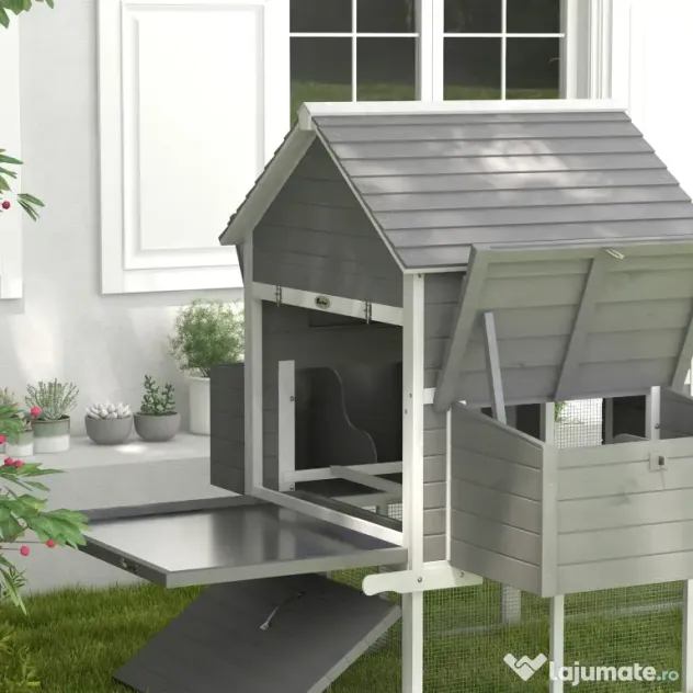 Pawhut Cotet pentru Gaini Ouatoare pentru Exterior, Adapost pentru Gaini cu Rampa si Zona Deschisa Imprejmuita, 310.5x149.5x149cm, Gri