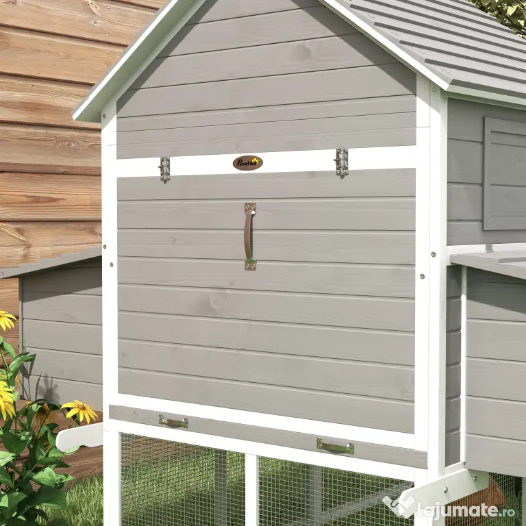 Pawhut Cotet pentru Gaini Ouatoare pentru Exterior, Adapost pentru Gaini cu Rampa si Zona Deschisa Imprejmuita, 310.5x149.5x149cm, Gri