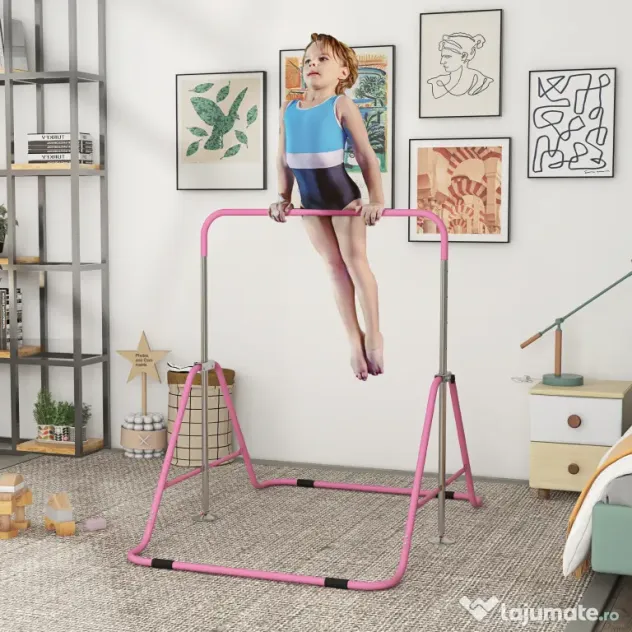 HOMCOM Bară de Tracțiuni Pliabilă pentru Copii, Bară de Gimnastică cu Înălțimi Reglabile și Structură din Oțel, 148x105x88-128 cm, Roz | Aosom Romania