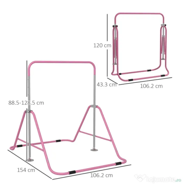 HOMCOM Bară de Tracțiuni Pliabilă pentru Copii, Bară de Gimnastică cu Înălțimi Reglabile și Structură din Oțel, 148x105x88-128 cm, Roz | Aosom Romania