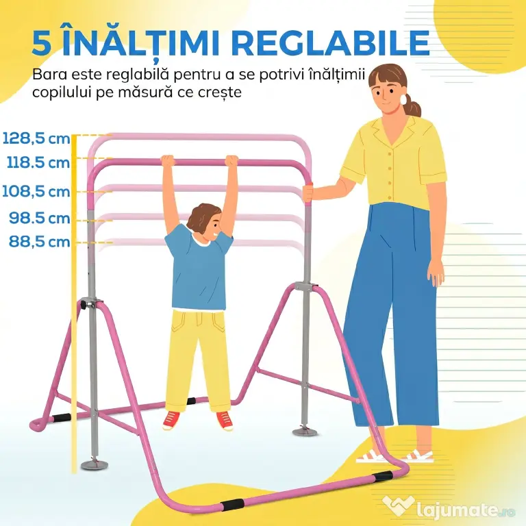 HOMCOM Bară de Tracțiuni Pliabilă pentru Copii, Bară de Gimnastică cu Înălțimi Reglabile și Structură din Oțel, 148x105x88-128 cm, Roz | Aosom Romania