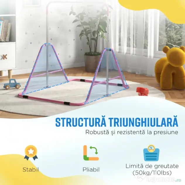 HOMCOM Bară de Tracțiuni Pliabilă pentru Copii, Bară de Gimnastică cu Înălțimi Reglabile și Structură din Oțel, 148x105x88-128 cm, Roz | Aosom Romania