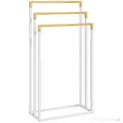 kleankin Suport independent pentru prosoape cu 3 bare din bambus și oțel, 45x22,5x86 cm, alb și culoarea lemnului