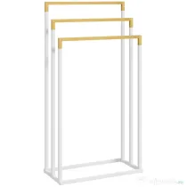 kleankin Suport independent pentru prosoape cu 3 bare din bambus și oțel, 45x22,5x86 cm, alb și culoarea lemnului