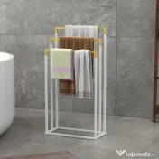 kleankin Suport independent pentru prosoape cu 3 bare din bambus și oțel, 45x22,5x86 cm, alb și culoarea lemnului