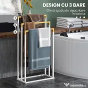 kleankin Suport independent pentru prosoape cu 3 bare din bambus și oțel, 45x22,5x86 cm, alb și culoarea lemnului