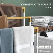 kleankin Suport independent pentru prosoape cu 3 bare din bambus și oțel, 45x22,5x86 cm, alb și culoarea lemnului