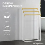 kleankin Suport independent pentru prosoape cu 3 bare din bambus și oțel, 45x22,5x86 cm, alb și culoarea lemnului