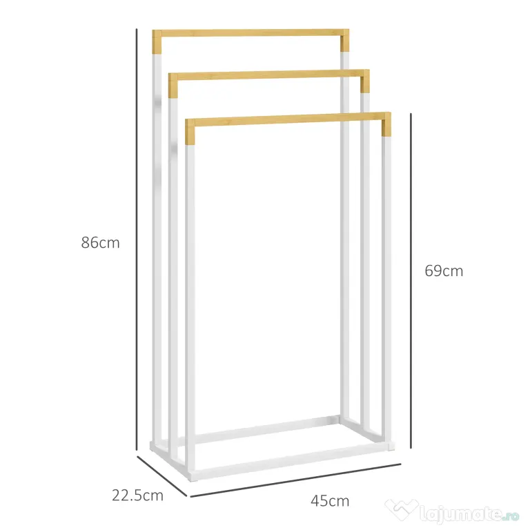 kleankin Suport pentru Prosoape din Bambus și Oțel cu Design Independent, 45x22.5x86 cm, Alb | Aosom Romania