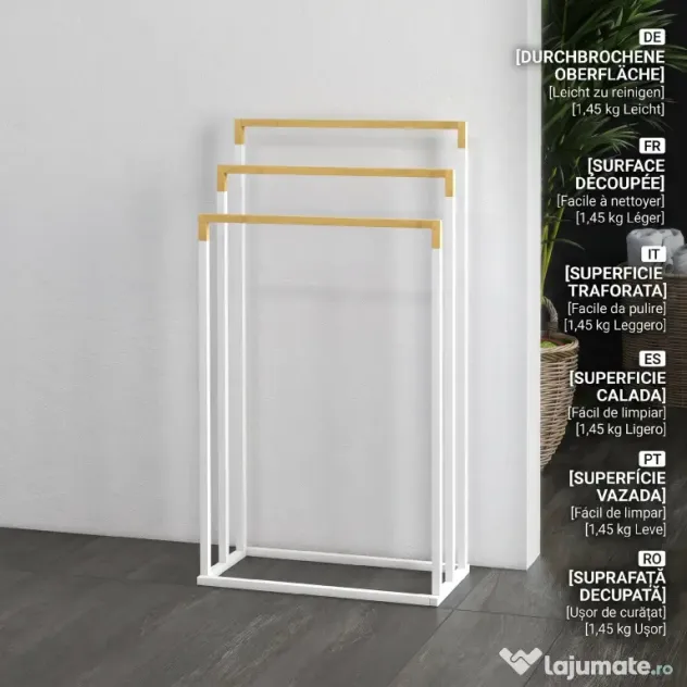 kleankin Suport pentru Prosoape din Bambus și Oțel cu Design Independent, 45x22.5x86 cm, Alb | Aosom Romania