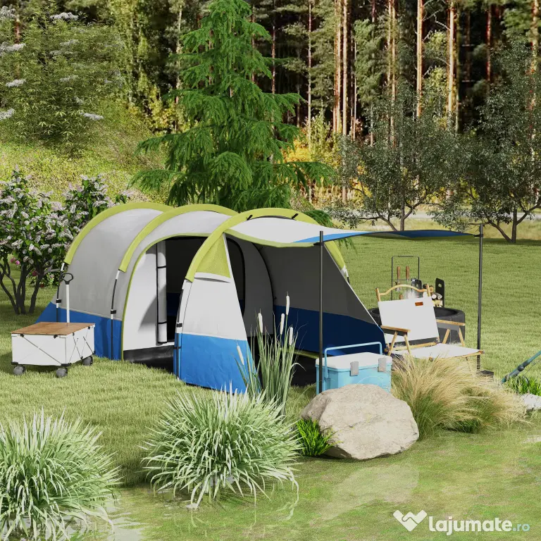 Outsunny Cort de Camping pentru 2-3 Persoane, Impermeabil, cu 2 Zone și 3 Intrări, 420x200x150 cm, Verde | Aosom Romania