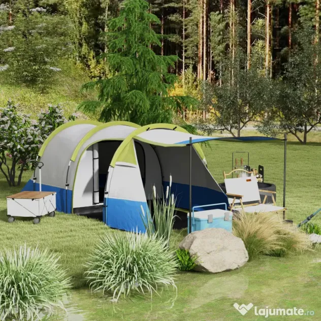 Outsunny Cort de Camping pentru 2-3 Persoane, Impermeabil, cu 2 Zone și 3 Intrări, 420x200x150 cm, Verde | Aosom Romania