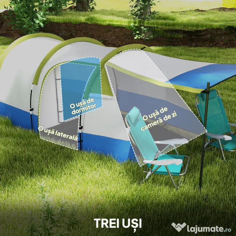 Outsunny Cort de Camping pentru 2-3 Persoane, Impermeabil, cu 2 Zone și 3 Intrări, 420x200x150 cm, Verde | Aosom Romania