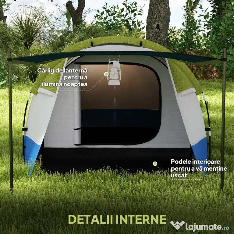 Outsunny Cort de Camping pentru 2-3 Persoane, Impermeabil, cu 2 Zone și 3 Intrări, 420x200x150 cm, Verde | Aosom Romania