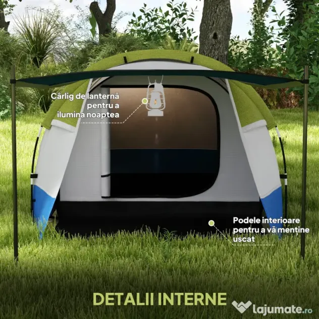 Outsunny Cort de Camping pentru 2-3 Persoane, Impermeabil, cu 2 Zone și 3 Intrări, 420x200x150 cm, Verde | Aosom Romania