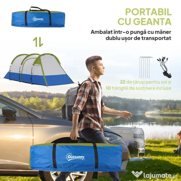 Outsunny Cort de Camping pentru 2-3 Persoane, Impermeabil, cu 2 Zone și 3 Intrări, 420x200x150 cm, Verde | Aosom Romania