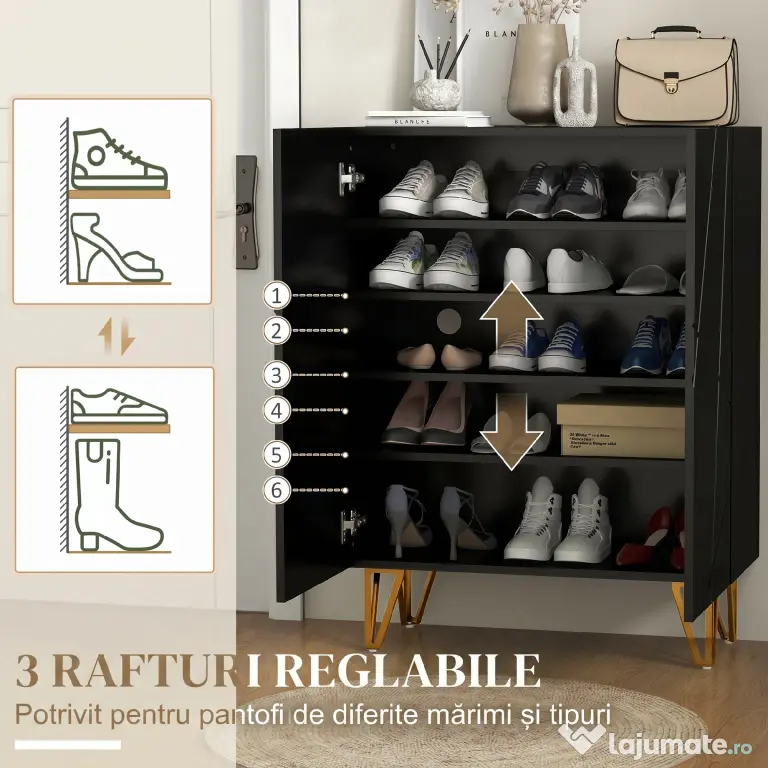 HOMCOM Dulap Îngust pentru Pantofi, Dulap Subțire pentru Depozitarea a 15-20 de Pantofi, 95x72x31.5 cm, Negru | Aosom Romania