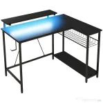 HOMCOM Birou colțar reversibil cu LED, prize de curent și USB, rafturi și suport pentru monitor, negru