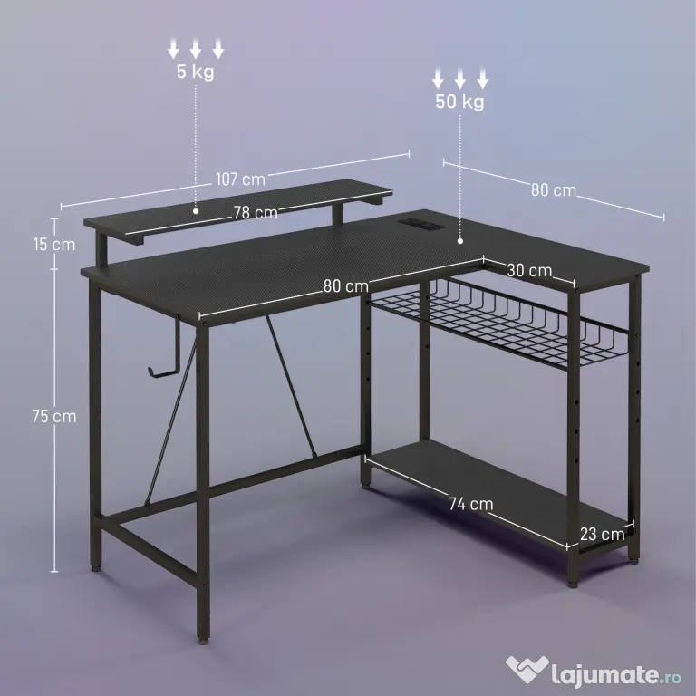 HOMCOM Birou de Gaming în Formă de L cu Lumini LED, Birou de Colț Reversibil cu Rafturi de Depozitare, 107x80x90 cm, Negru | Aosom Romania