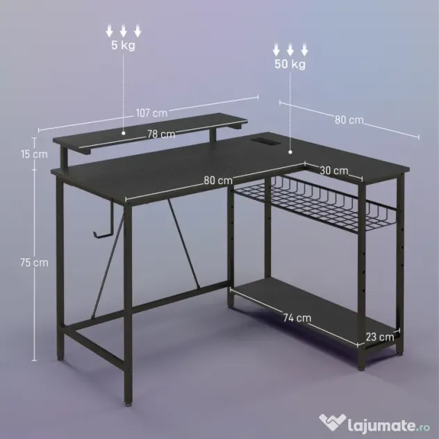 HOMCOM Birou de Gaming în Formă de L cu Lumini LED, Birou de Colț Reversibil cu Rafturi de Depozitare, 107x80x90 cm, Negru | Aosom Romania