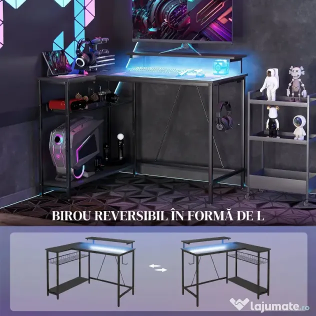 HOMCOM Birou de Gaming în Formă de L cu Lumini LED, Birou de Colț Reversibil cu Rafturi de Depozitare, 107x80x90 cm, Negru | Aosom Romania