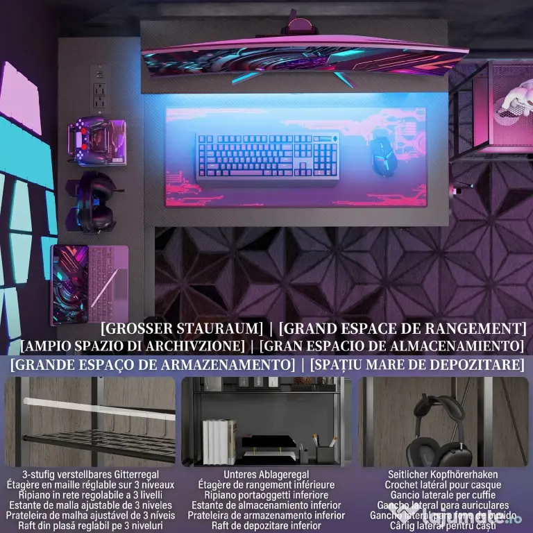 HOMCOM Birou de Gaming în Formă de L cu Lumini LED, Birou de Colț Reversibil cu Rafturi de Depozitare, 107x80x90 cm, Negru | Aosom Romania