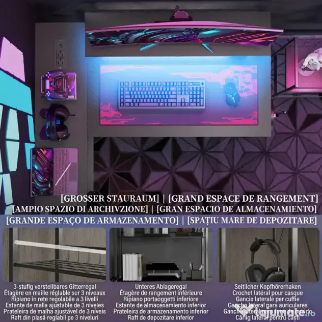 HOMCOM Birou de Gaming în Formă de L cu Lumini LED, Birou de Colț Reversibil cu Rafturi de Depozitare, 107x80x90 cm, Negru | Aosom Romania