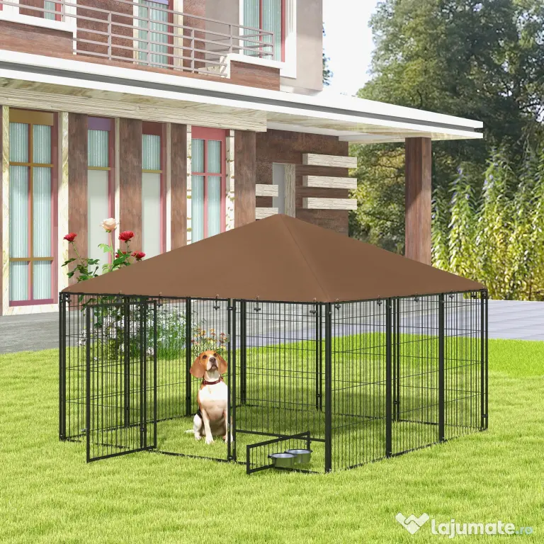 PawHut Tarc Câini din Metal cu Ușă pentru Bol, Padoc caine pentru Exterior cu Acoperiș din țesătură Oxford, 211x211x151 cm, Negru | Aosom Romania