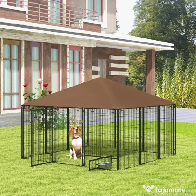 PawHut Tarc Câini din Metal cu Ușă pentru Bol, Padoc caine pentru Exterior cu Acoperiș din țesătură Oxford, 211x211x151 cm, Negru | Aosom Romania