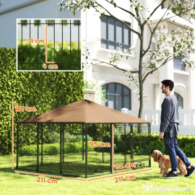 PawHut Tarc Câini din Metal cu Ușă pentru Bol, Padoc caine pentru Exterior cu Acoperiș din țesătură Oxford, 211x211x151 cm, Negru | Aosom Romania