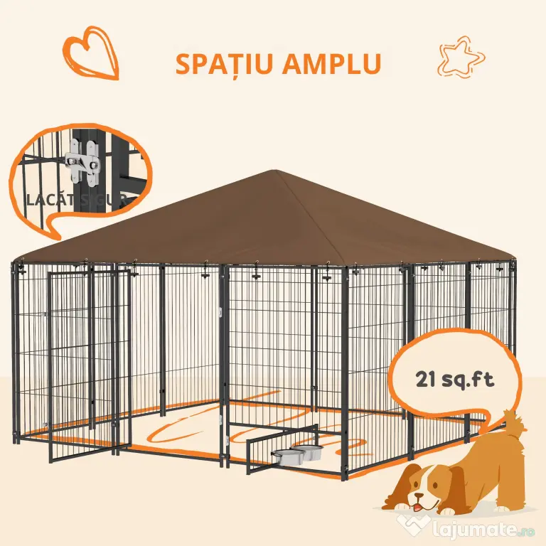 PawHut Tarc Câini din Metal cu Ușă pentru Bol, Padoc caine pentru Exterior cu Acoperiș din țesătură Oxford, 211x211x151 cm, Negru | Aosom Romania